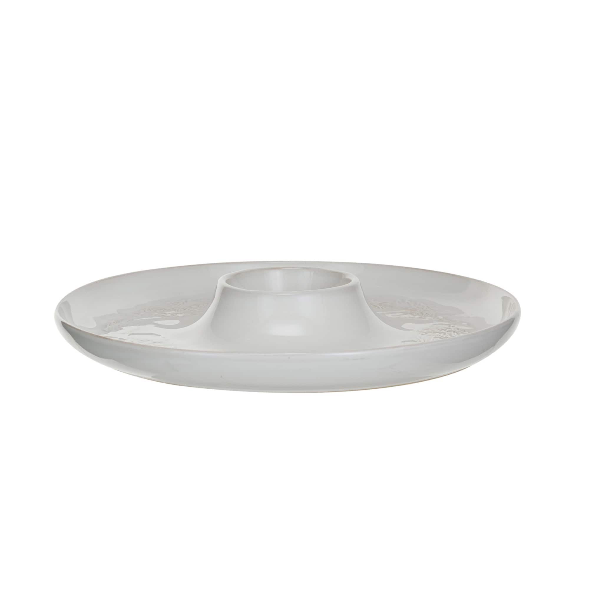 Hello Honey® 13.5" White Round Debossed Stoneware Chip & Dip with Pine Boughs in Reactive Glaze
